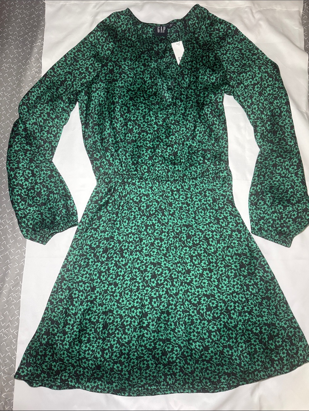 GAP Black and Green Floral Long-Sleeve Fit & Flare Dress